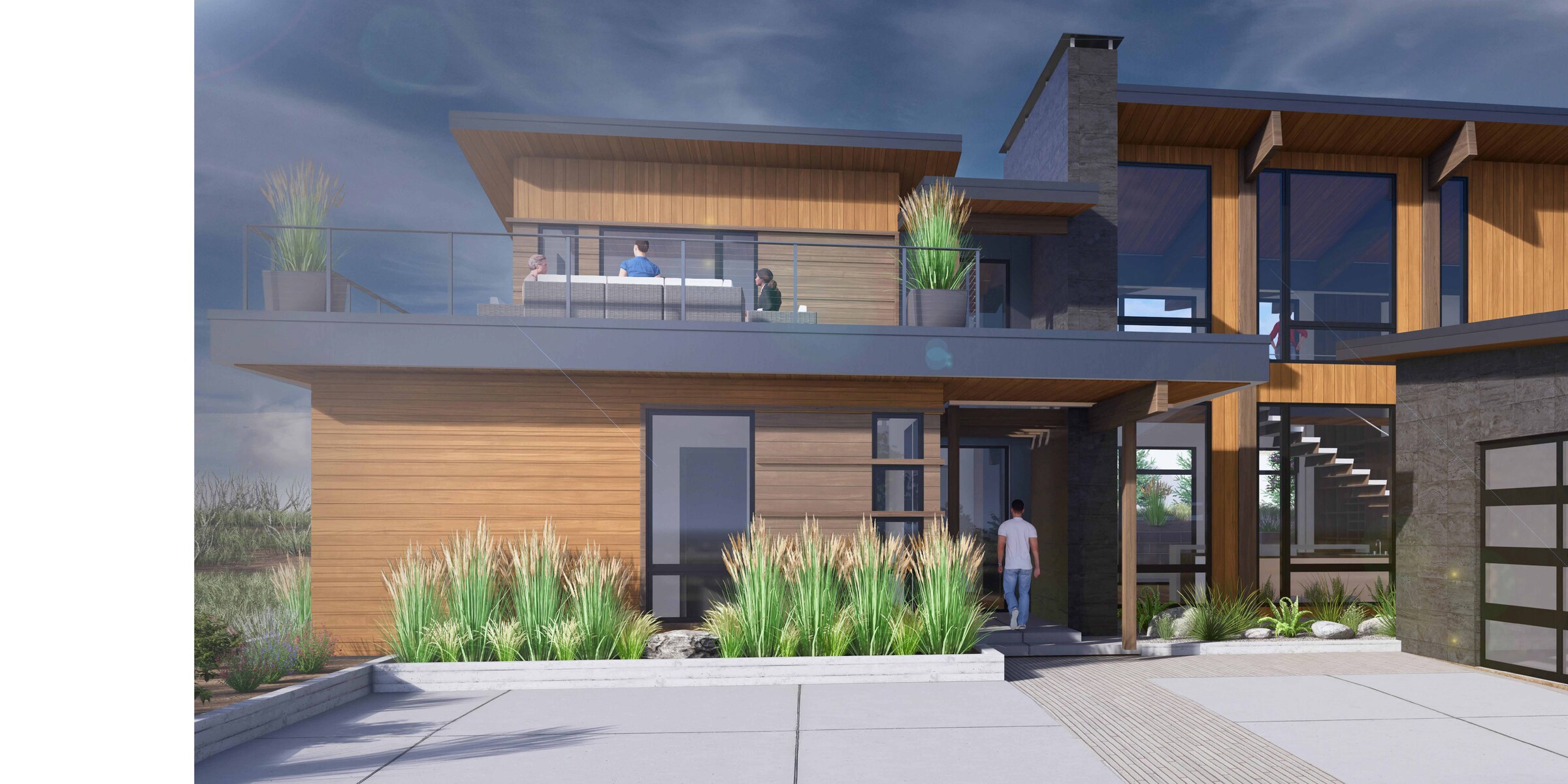 Falabella II — entry approach with landscaping and floating stair beyond