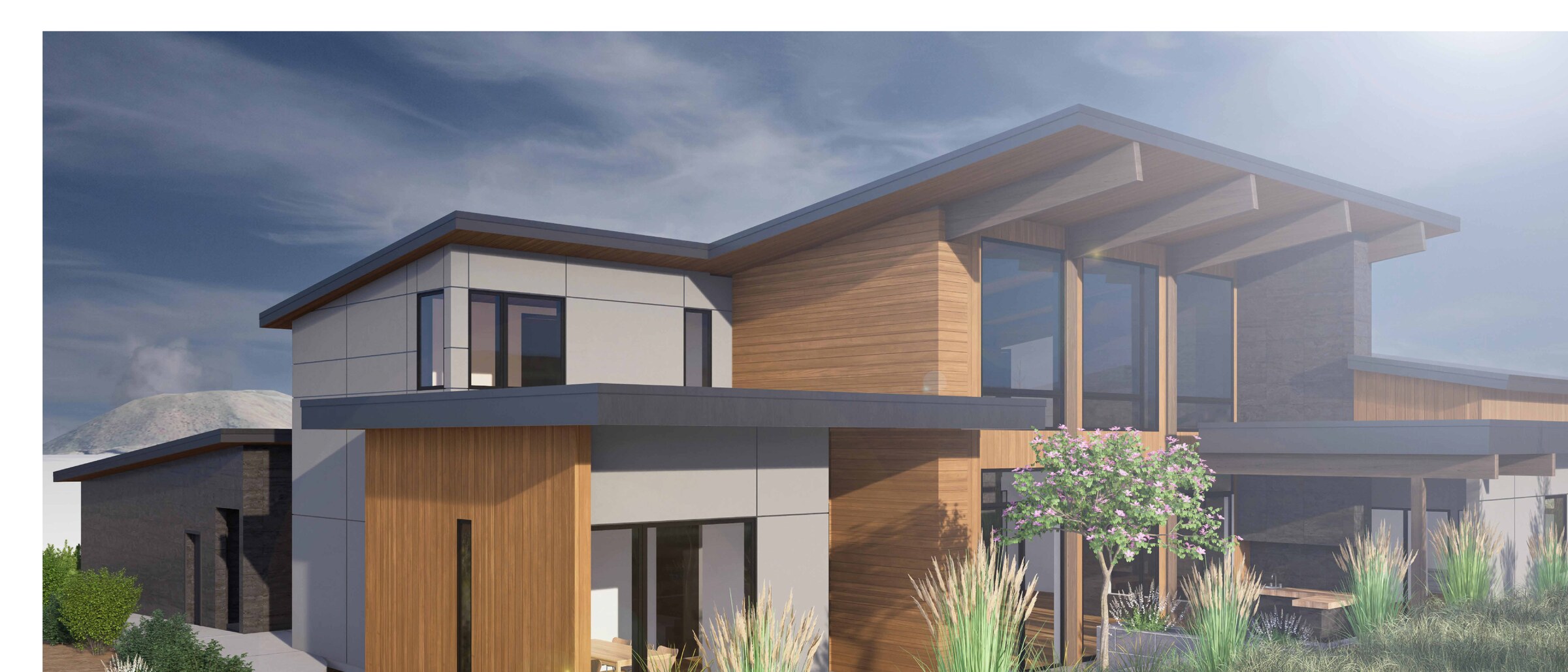 Falabella II — rear elevation with wide overhangs and full-height glazing