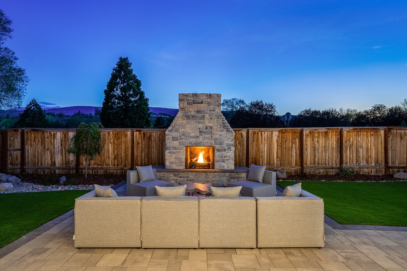 Outdoor fireplace at dusk