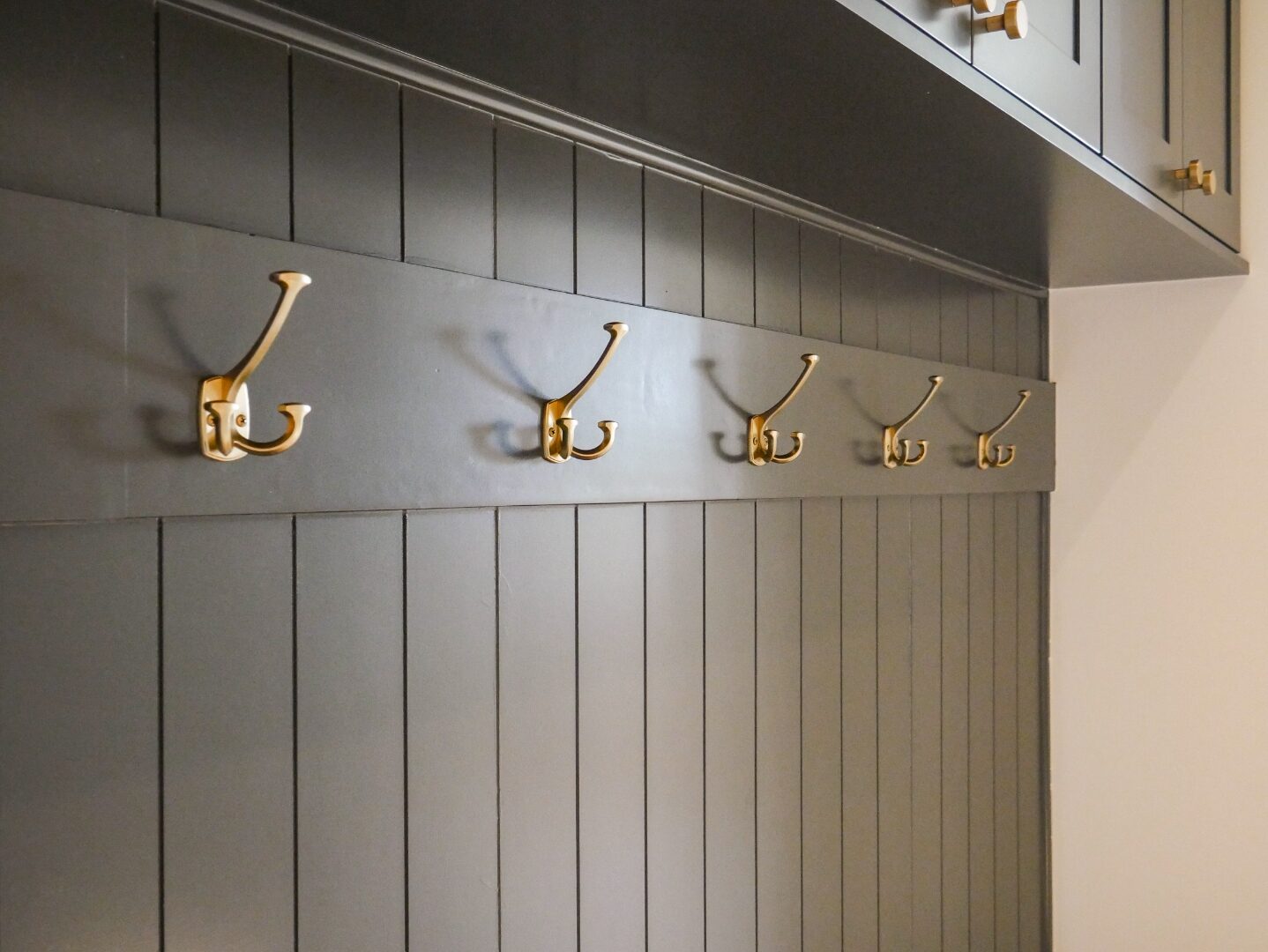 Mudroom with brushed brass hooks on shiplap